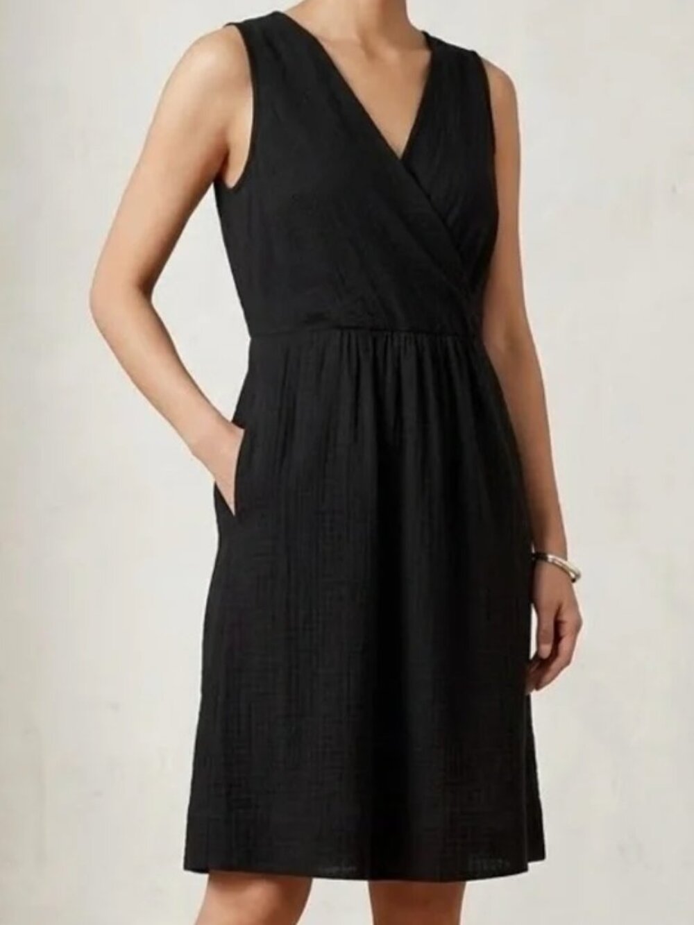 EILEEN FISHER black faux wrap linen blend dress